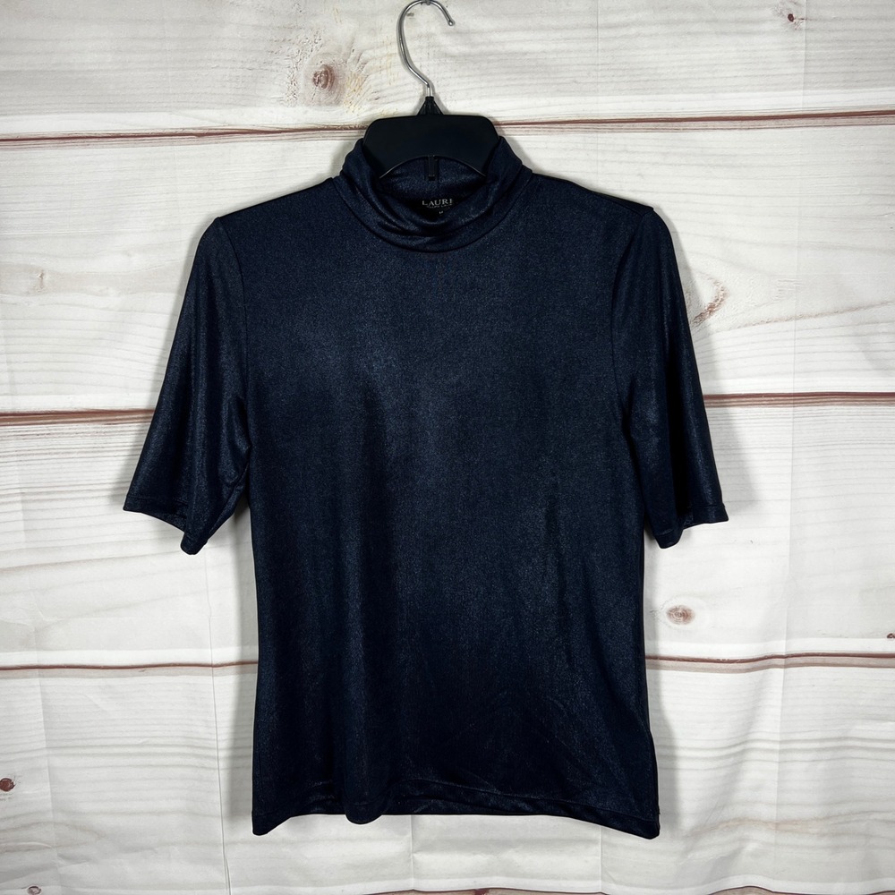 Lauren‎ Ralph Lauren Mock Neck Top Womens M Navy Solid Shimmer Short Sleeve Knit